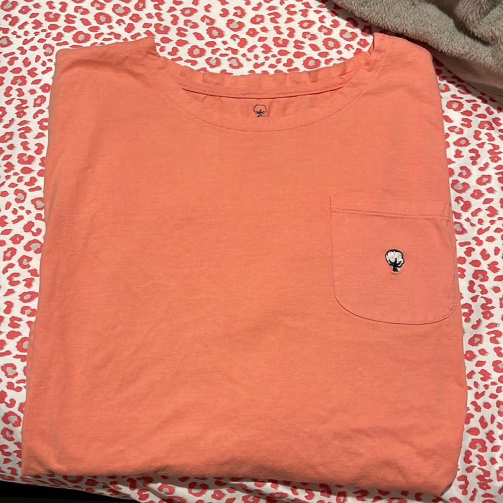 Southern Shirt Co Coral Orange long sleeve front pocket tshirt cotton logo M